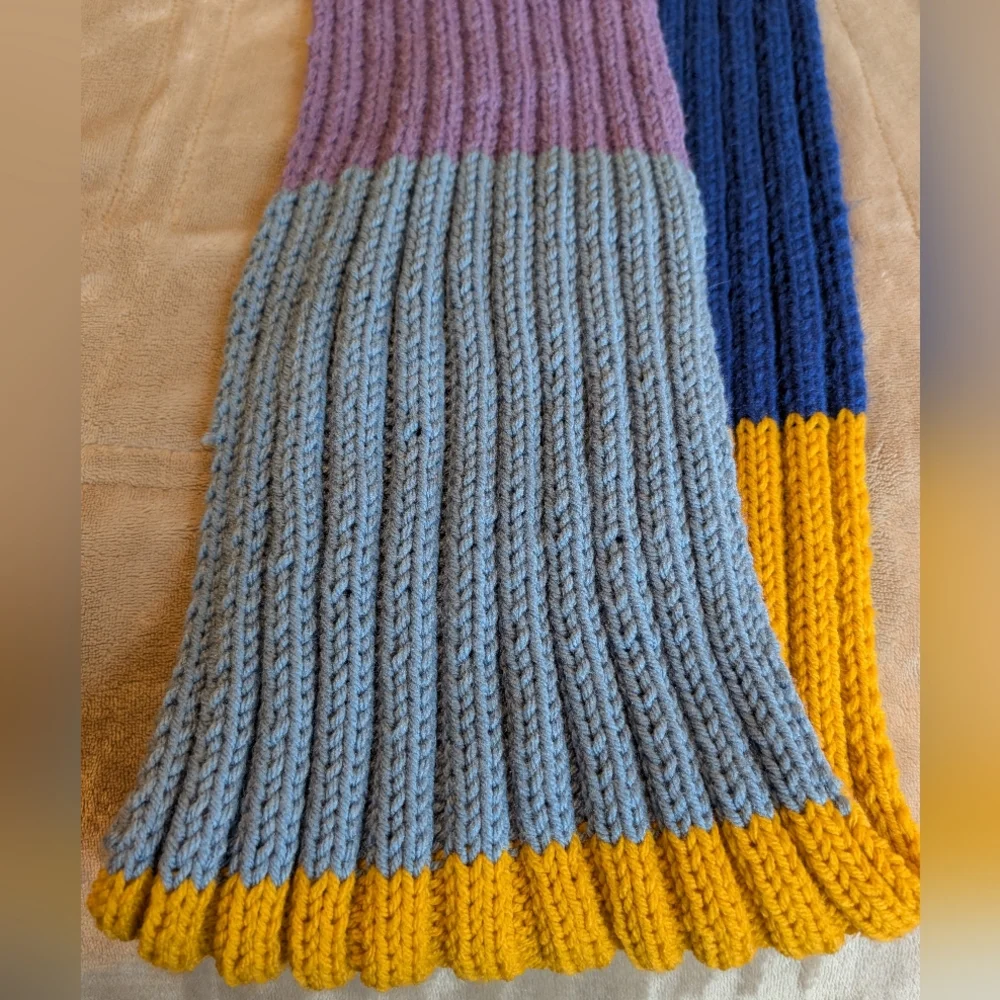 Hand Knit Ribbed Dr. Who Style Color Block Scarf With Fringe